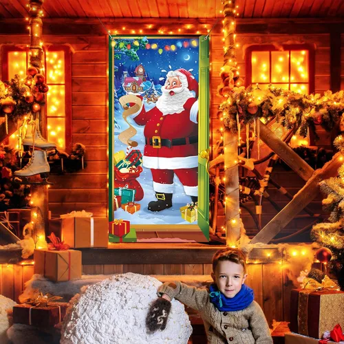 Miniatura 4 de Irenare Decoraciones navideñas para puerta delantera, cubierta de puerta de Papá Noel, cartel colgante de vacaciones de invierno, telón de fondo