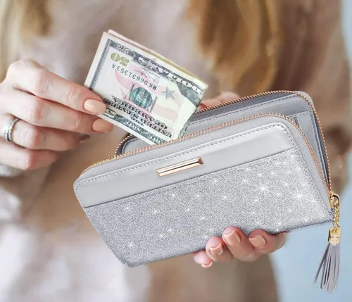 Miniatura 5 de Carteras para mujer, de piel sintética, tarjetero organizador con borla y correa de muñeca