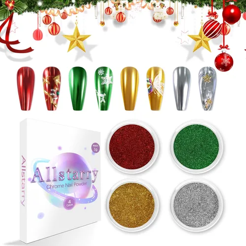 Allstarry Polvo de uñas cromado, 4 colores, efecto espejo metálico, pigmento cromado, iridiscente, purpurina mágica de unicornio, kit de polvo para