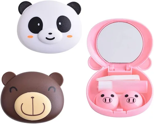Kit de viaje de 2 piezas de estuche para lentes de contacto de cerdo rosa, lindo oso panda portátil, soporte para lentes de contacto, contenedor de