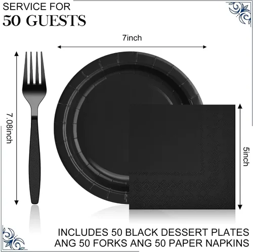 Miniatura 2 de Platos y servilletas de papel negro para fiestas, platos de postre de 50 x 7 pulgadas, servilletas de 50 x 5 pulgadas y tenedores de 50 x 7.08