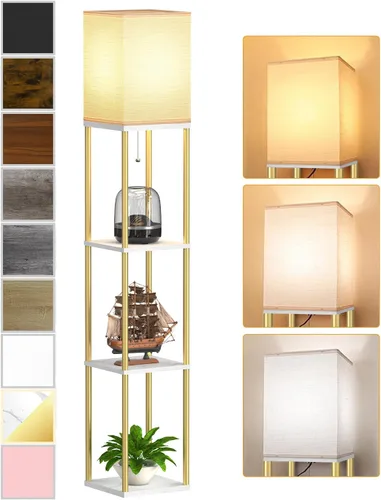 Miniatura 14 de Lámpara de pie con estantes para sala de estar blanca, lámpara de pie con estante con bombilla LED de 3 CCT, lámpara de columna de pie de esquina