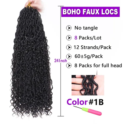 ZRQ 8 paquetes de cabello de ganchillo Goddess Locs de 24 pulgadas de pelo sintético bohemio negro, trenzas bohemias preenlazadas, trenzas bohemias