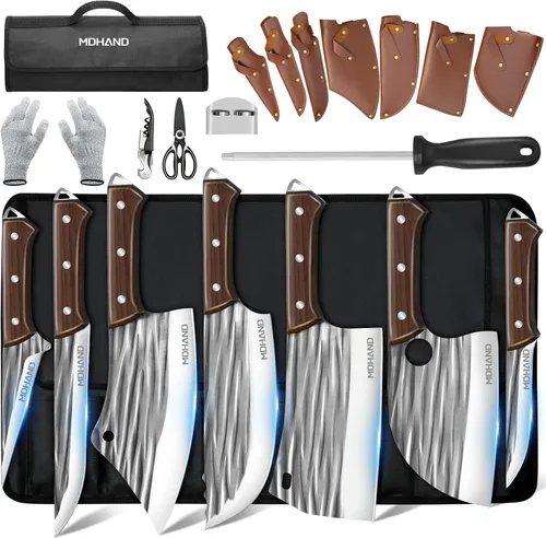 MDHAND 14 piezas de juego de cuchillos de carnicero profesional con bolsa enrollable, juego de cuchillos de chef serbios forjados a mano, cuchillos