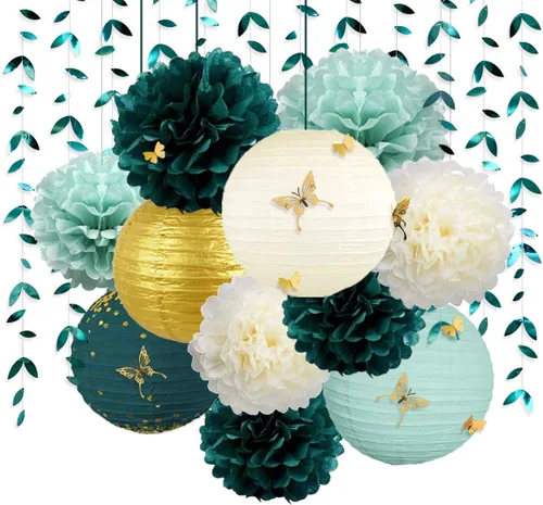 Miniatura 11 de Kit de decoración de fiesta azul marino y dorado, faroles, flores, pompones con calcomanías de mariposa 3D dorado champán y serpentinas de guirnalda