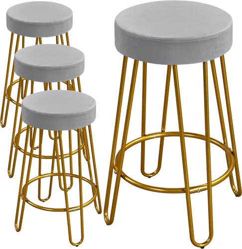 Miniatura 13 de Yaheetech Juego de 2 taburetes de bar, taburetes redondos de terciopelo, sillas de bar de altura de mostrador sin respaldo con patas doradas
