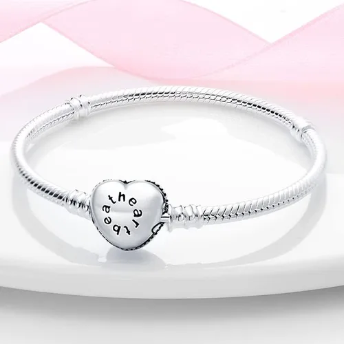 Miniatura 3 de LongLuck Pulsera clásica de cadena de serpiente con cierre en forma de corazón plata de ley 925 con dije de piedra cúbica se adapta a cualquier dije