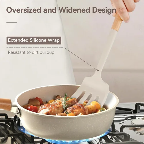 Miniatura 3 de NCUE Juego de Utensilios de Cocina, Juego Grande de Utensilios de Cocina de Silicona Antiadherente de 6 Piezas, Mango de Madera Resistente al Calor