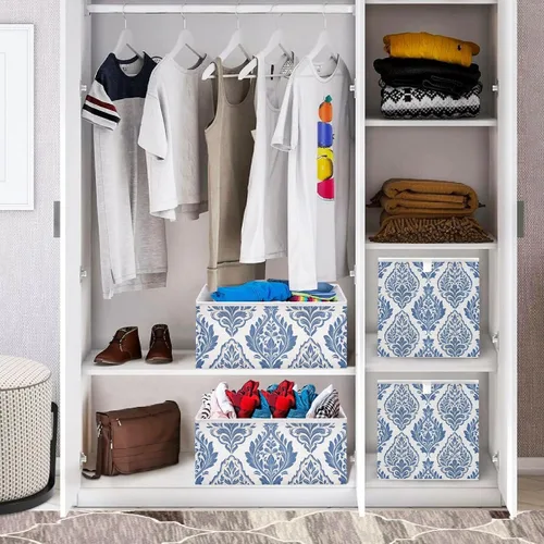Miniatura 7 de Kigai Cubos de almacenamiento plegables de tela de 11 x 11 pulgadas con patrón de damasco azul y blanco, cajas plegables para organizar el hogar