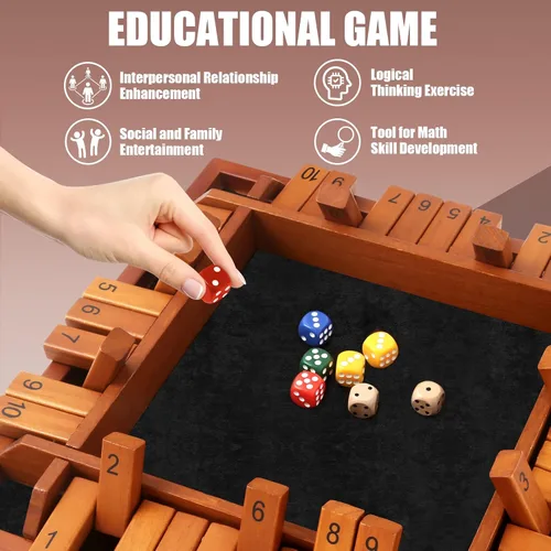 Miniatura 5 de Toidgy - Juego de mesa de dados Shut The Box para 4 jugadores, juego de mesa de madera con 12 dados y instrucciones, juego de mesa clásico de cerrar