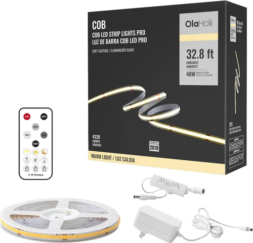 Miniatura 13 de Tira de luz LED COB de 32.8 pies con control remoto, 4000K Ra93+ regulable brillante luz LED COB tira de luz blanca continua para espejo, escalera