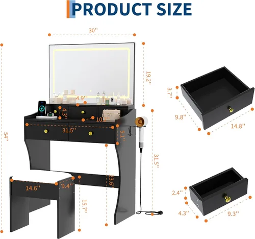 Miniatura 7 de Garvee Tocador de 31.5 pulgadas de ancho con silla, tocador para mujer con taburete, espejo LED, soporte para secador de pelo, toma de corriente, 3