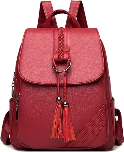 Miniatura 8 de FANDARE Mochila vintage para mujer con borla, mochila de cuero PU para mujer, Negro, Grande