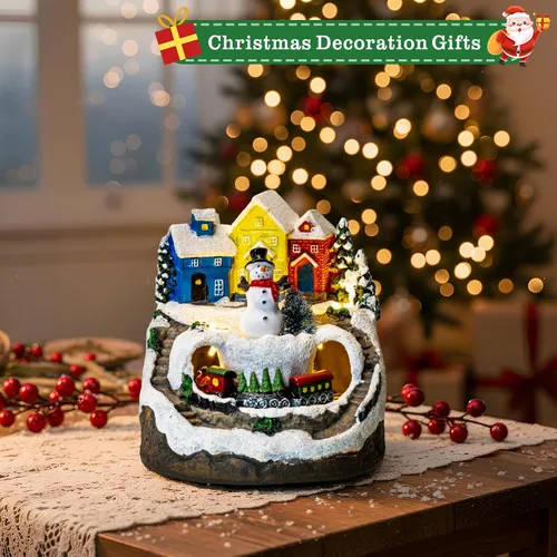 Miniatura 3 de ZQQLITE Casas de Pueblo Navideño de Muñeco de Nieve Musical Animado con Tren Giratorio, Figuras de Colección de Pueblo Navideño Iluminadas
