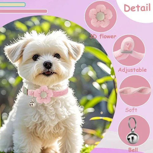 Miniatura 2 de Collar para perros pequeños con flor, Collares para cachorros XS, Collares para perros pequeños con campana para niña niño perrito pequeño (Rosa)
