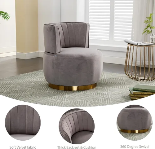 Miniatura 5 de Silla giratoria para sala de estar, moderna silla tapizada de tela de terciopelo con barril redondo, giratoria de 360 grados, pequeña silla de ocio