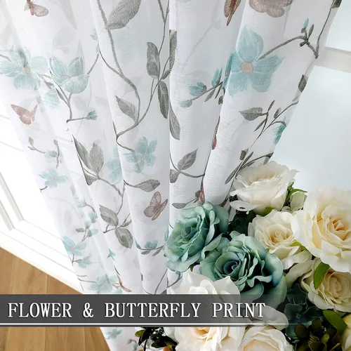 Miniatura 3 de Tollpiz - Cortinas cortas de gasa con estampado floral, con diseño de mariposas y flores azules, cortina de media ventana con bolsillo para barra