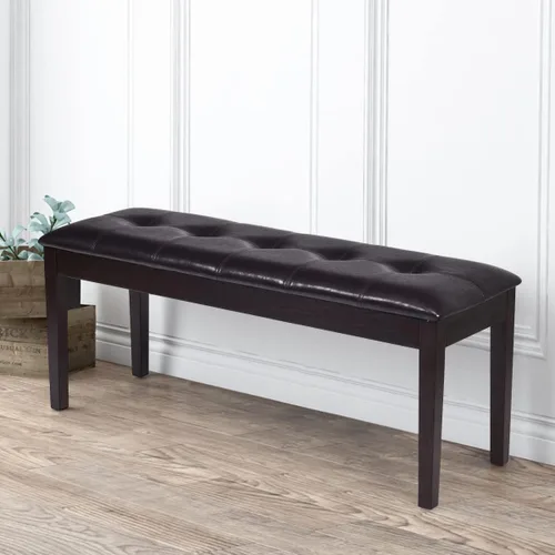 Asiento de comedor tapizado con piel sintética, banco otomano con botones y patas de madera de goma, banco de extremo de cama para dormitorio, banco