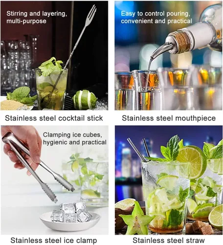 Miniatura 3 de Kit de camarero con soporte, juego de coctelera, 19 piezas de acero inoxidable kit de barman de cóctel perfecto para el hogar con herramientas