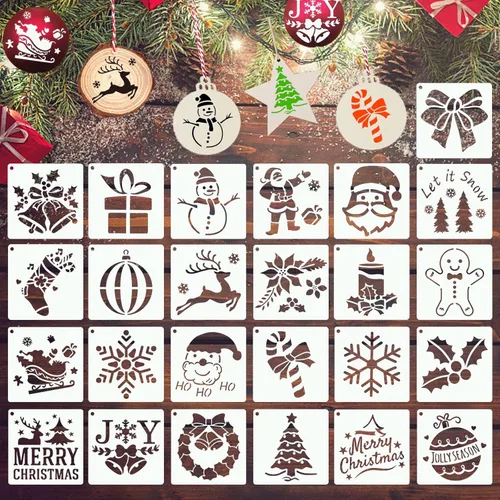 YEAJON 25 plantillas pequeñas de Navidad de 3 x 3 pulgadas para pintar en madera, tela, papel, ventanas, tarjetas, adornos de bricolaje, plantillas