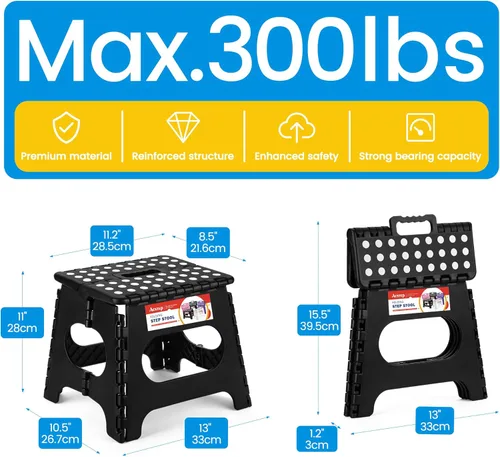 Miniatura 5 de ACSTEP Taburete plegable para adultos de 11 pulgadas de altura, taburete de plástico ligero plegable con capacidad de hasta 300 lbs, taburete Negro