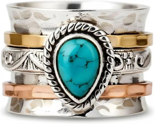 Miniatura 6 de Anillos de turquesa para mujeres y hombres, chapado en plata de ley, joyería bohemia, vintage, natural, delicada, occidental, anillos de piedra