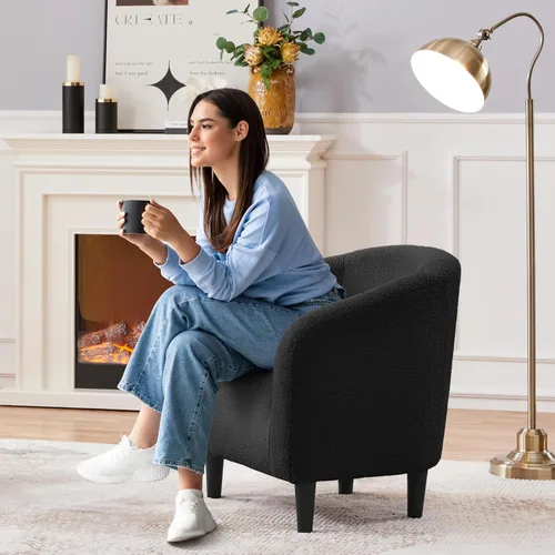Miniatura 4 de Topeakmart Silla de barril, silla de acento de sherpa suave, silla auxiliar de club, estilo moderno, asiento profundo, sillón de barril para sala