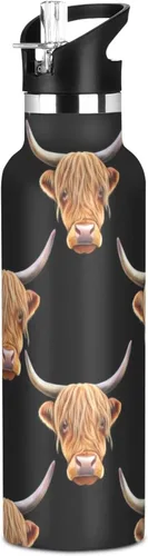 Kids Water Bottle with Straw for School Leakproof Insulated Water Bottles 20oz, BPA-Free, Cute Highland Cow Heads Black