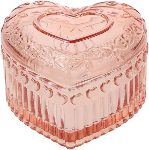 RockTrend Caja de almacenamiento de vidrio coloreado en forma de corazón Caja de joyería en relieve Caja de dulces con tapa-rosa