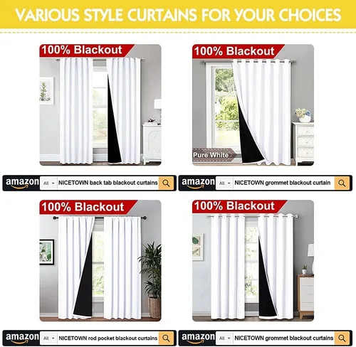 Miniatura 8 de NICETOWN Cortinas blancas con forro 100 % opacas, 2 capas gruesas completamente opacas, tratamiento térmico para ventanas, cortinas aisladas