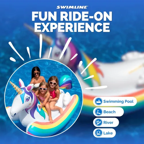 Miniatura 6 de SWIMLINE Juguete flotante original de unicornio arcoíris mecedora para piscina, con asas fáciles de agarrar y refuerzos laterales estabilizadores