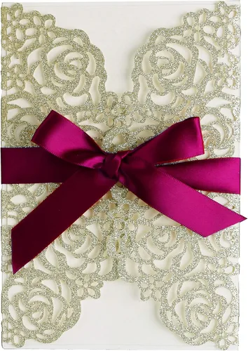 ponatia 25 unidades por lote de 250 GSM, 5.12 x 7.1 pulgadas, con purpurina, rosa hueca con cinta burdeos, para boda, despedida de soltera,