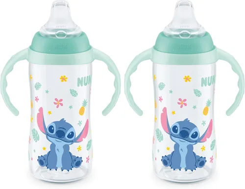 NUK Vaso de aprendizaje, 10 onzas, paquete de 2, Disney's Stitch, boquilla suave, asas de fácil agarre, sin BPA, taza de transición a prueba de
