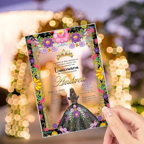 Miniatura 2 de Invitación de quinceañera Vestido negro Invitación de cristal, Mis Membrillo, Dulce 15, Dulce 16, Diseño floral, XV Aros, 15 años