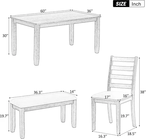 Miniatura 7 de Harper & Bright Designs Juego de mesa de comedor de granja de 6 piezas con banco, mesa de comedor de madera con 4 sillas y un banco para cocina