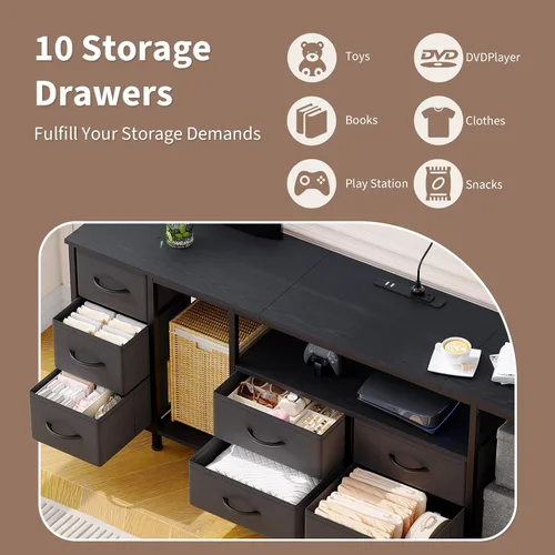 Miniatura 5 de Garvee Cómoda de 10 cajones, soporte de TV con cajones de tela y tomas de corriente para TV de 75, 70 y 65 pulgadas, mesa consola de TV, centro