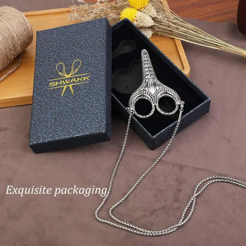 Miniatura 7 de SHWAKK Tijeras de bordado, exquisitas tijeras de acero inoxidable con punta afilada retro con cadena de vaina, tijeras de costura para costura