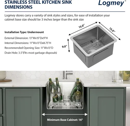 Miniatura 7 de Logmey - Fregadero de barra de acero inoxidable de 13 pulgadas, fregadero de cocina empotrado para barra de calibre 16, cuenco individual de 9