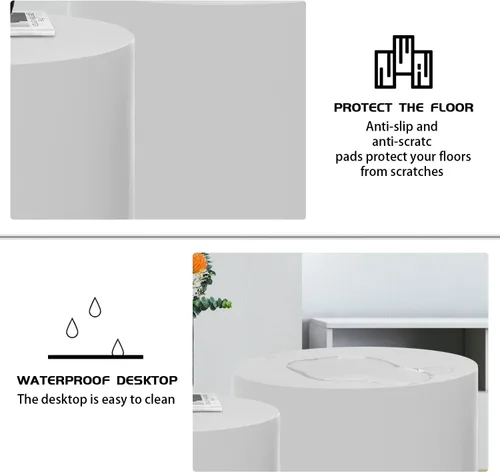 Miniatura 9 de KEVINSPACE Juego de 2 mesas auxiliares anidadas, modernas mesas de centro circulares para espacios pequeños, mesa auxiliar de madera blanca