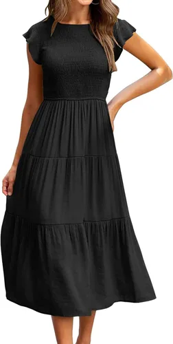 Miniatura 2 de Ceboyel Vestido de manga corta con vuelo para mujer, vestido midi casual con escalones, vestido de verano fruncido a la moda, trajes de mujer 2023