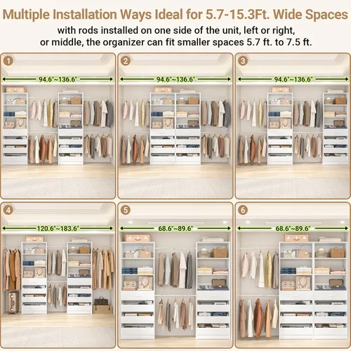 Miniatura 2 de Aheaplus Sistema de Armario, Organizador de Armario de 6-15 Pies con 8 Cajones de Madera, Sistema Organizador de Armario de Madera con Torre