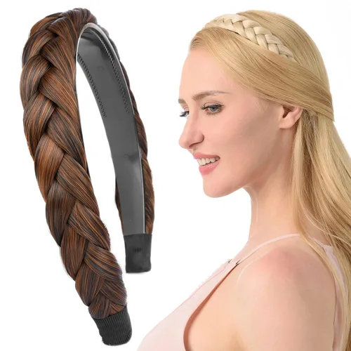 Miniatura 8 de Ancho de 1.5 cm Banda de pelo sintético trenzada estrecha con dientes para mujeres y niñas (Negro)