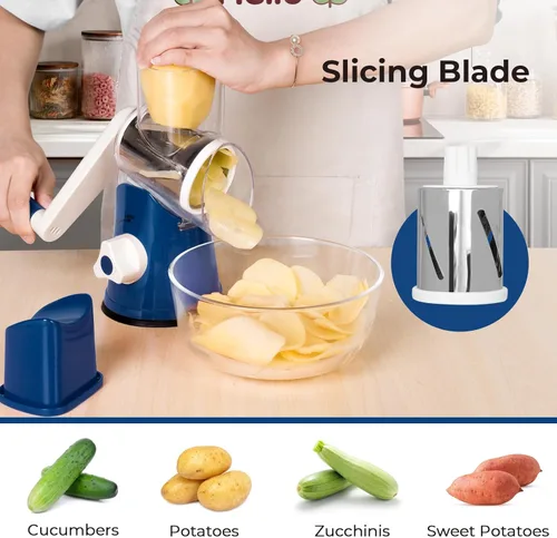 Miniatura 2 de X Home Rallador de queso giratorio para cocina, triturador con 3 cuchillas intercambiables, rallador giratorio con mango y base de succión fuerte