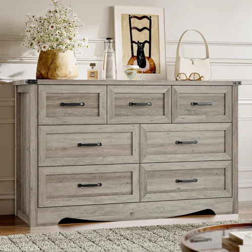 Miniatura 22 de BORNOON - Cómoda de 7 cajones para dormitorio, cómoda de madera moderna con manijas de metal, diseño antivuelco, organizador de almacenamiento Blanco