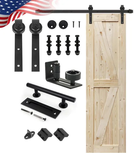 Miniatura 9 de S&Z TOPHAND 20 pulgadas x 84 pulgadas. Puerta de granero anudada británica sin terminar con kit de herrajes deslizantes de 4 pies/madera