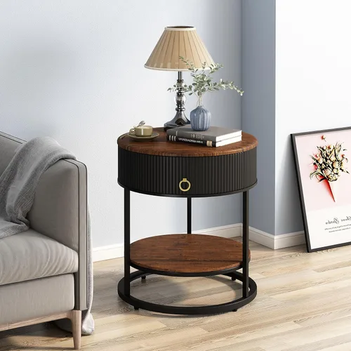 Miniatura 8 de OIOG - Mesa auxiliar redonda con cajón, mesa auxiliar moderna de madera con estante, mesa de noche de 2 niveles con cajón para sala de estar, Negro
