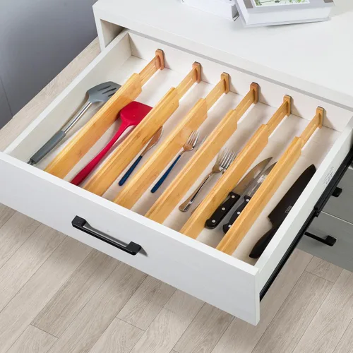 Miniatura 7 de VaeFae Paquete de 6 separadores de cajones de bambú ajustables, organizador de cajones expandible para utensilios de cocina, ropa, baño, oficina, se