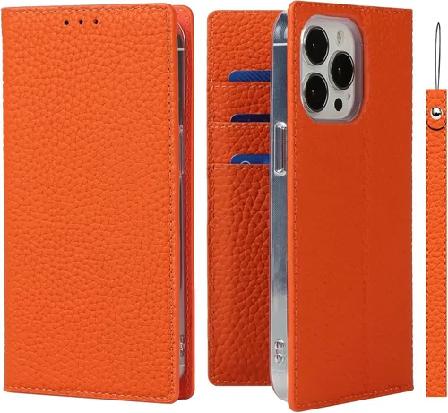 iCoverCase Funda tipo cartera compatible con iPhone 13 Pro, funda magnética de piel auténtica con bloqueo RFID, correa para la muñeca y ranuras para
