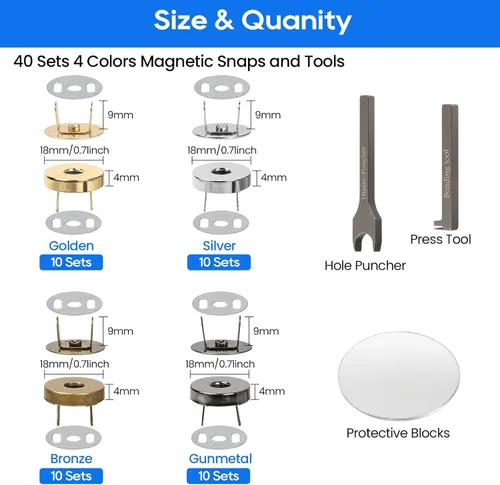 Miniatura 2 de 40 juegos de cierres magnéticos de 18 mm en 4 colores con herramientas de instalación, cierres magnéticos para bolsos incluyen 3 herramientas