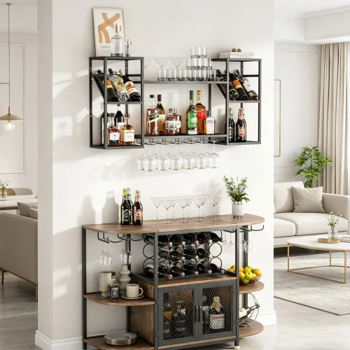 Miniatura 3 de KaKaBB Estante de vino montado en la pared, estantes de metal de 47 pulgadas de 2 niveles con soporte para vidrio, capacidad para 30 botellas y de 6